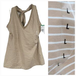 Jones New York Tan Stripe Lace Halter Top Shelf Bra Backless T-Shirt Large- NWOT